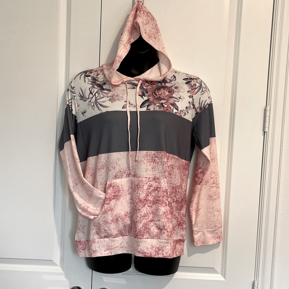 Dusty rose and dove gray stripes hoodie. XL or size 14-16.